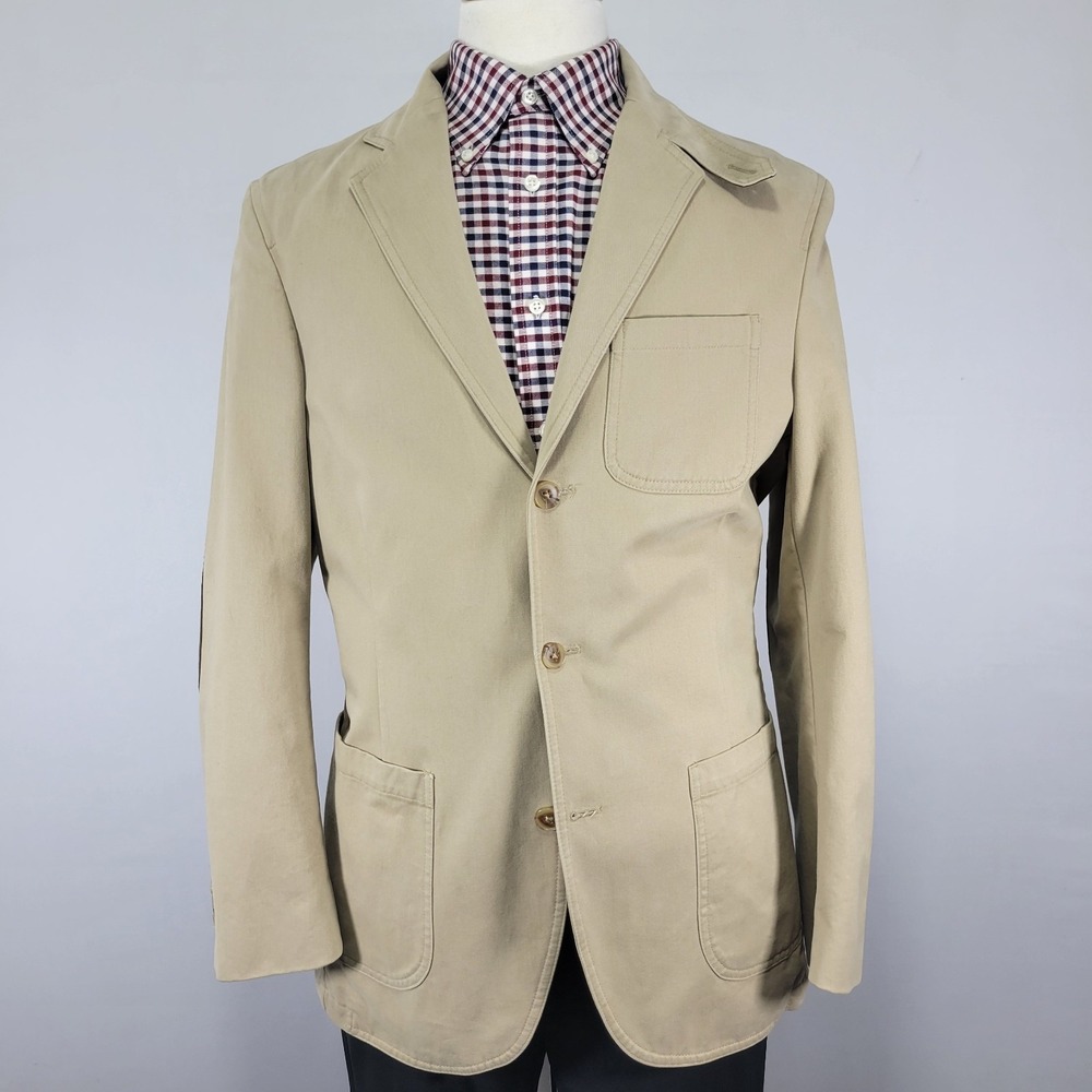 Lands End Mens Sport Coat Blazer Three Button Beige Cotton Surgeon Cuff Size 38R